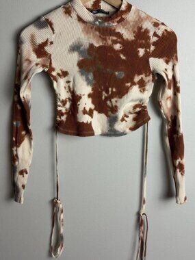 Zara Tie Dye Ribbed Crop Top Long Sleeve Side Drawstring Back Cut Out Size Med